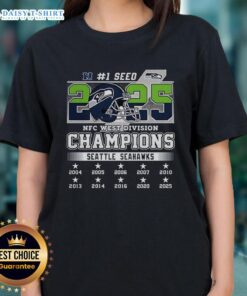 Alt Text: Top Seattle Seahawks NFC West Champions 2025-2026 Seed 1 helmet logo on a stylish ladies tee shirt.