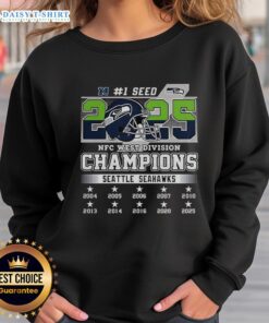 Alt Text: Seattle Seahawks NFC West Champions 2025-2026 sweatshirt featuring helmet logo, perfect for fans and collectors.