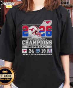 2026 Holiday Bowl Champions: SMU Mustangs beat Arizona Wildcats, featured on a stylish ladies tee shirt.
