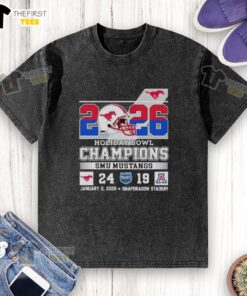Top SMU Mustangs beat Arizona Wildcats at Holiday Bowl 2026 champions washed t-shirt design featuring team colors.