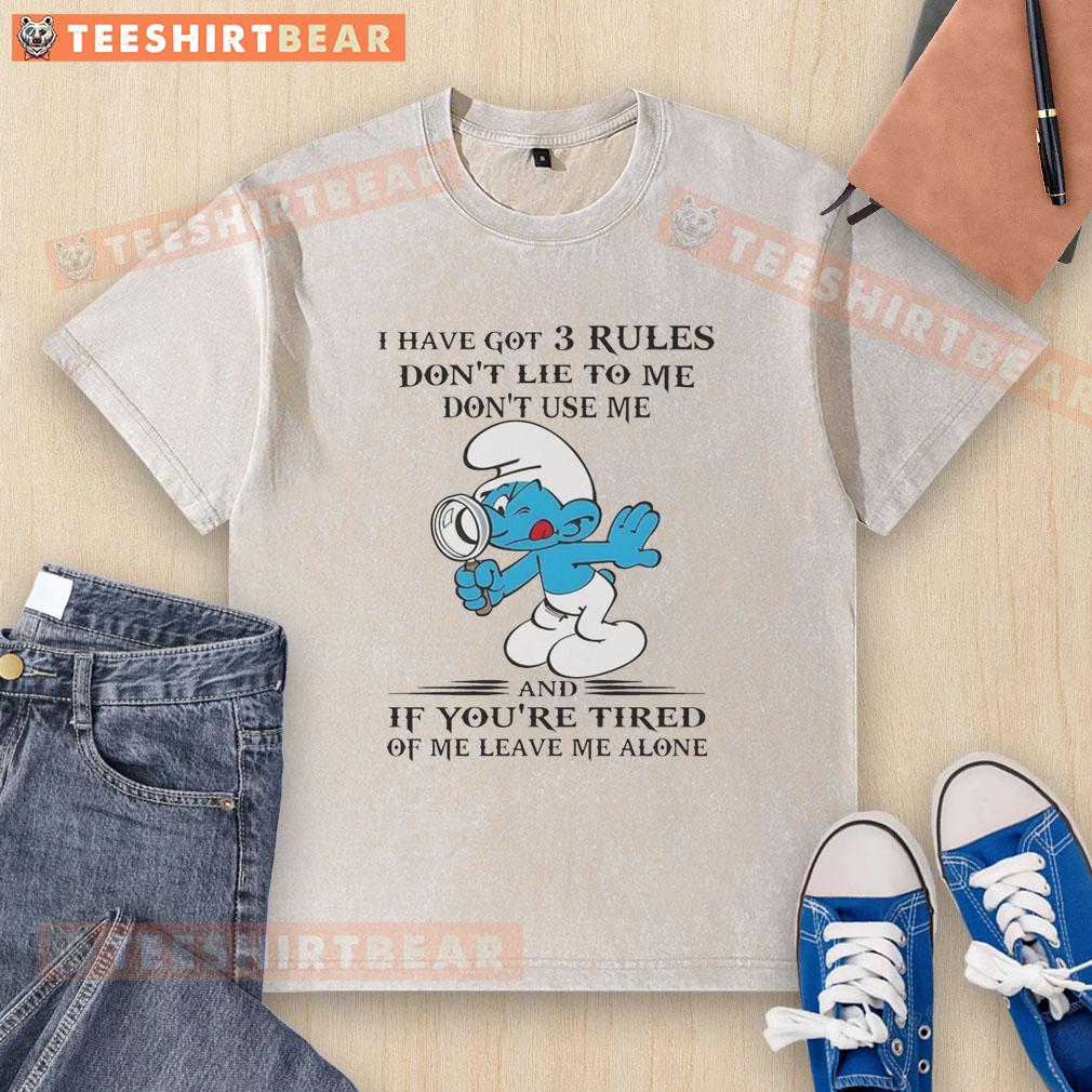 top-smurf-i-have-got-3-rules-dont-lie-to-me-dont-use-me-washed-t-shirt Top Smurf I Have Got 3 Rules Don't Lie to Me Don't Use Me washed t-shirt design featuring colorful smurf graphics.