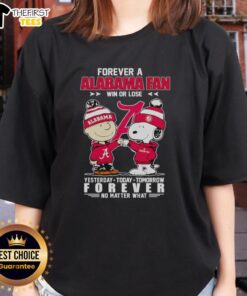 Alt Text: Snoopy and Charlie Brown Forever Alabama Crimson Tide fan tee, celebrating sports spirit win or lose for ladies.