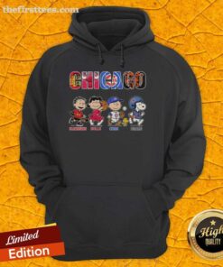 Snoopy and Charlie Brown in a hoodie featuring Chicago Blackhawks, Bulls, Cubs, and Bears logos.