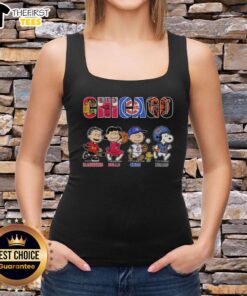 Alt Text: Snoopy and Charlie Brown wearing a Chicago Blackhawks, Bulls, Cubs, and Bears tank top, showcasing Chicago sports pride.