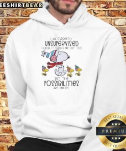 Alt Text: Snoopy and Woodstock hoodie featuring 'I Am Currently Unsupervised, I Know It Freaks Me Out Too' design.