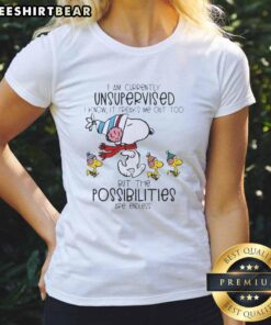 Top Snoopy and Woodstock 'I Am Currently Unsupervised' Ladies Tee featuring fun cartoon design perfect for casual wear.