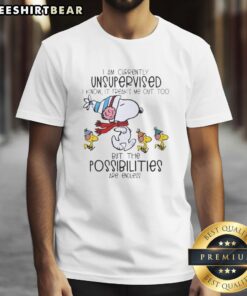 Alt Text: Snoopy and Woodstock graphic on a 'I Am Currently Unsupervised' t-shirt, perfect for fun casual wear.