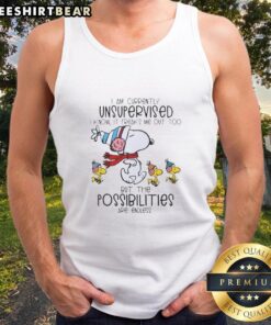 Top Snoopy and Woodstock tank top with 'I Am Currently Unsupervised' text, perfect for casual wear and Peanuts fans.
