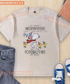 Alt Text: Snoopy and Woodstock on a washed t-shirt with 'I Am Currently Unsupervised' text, perfect for casual wear.