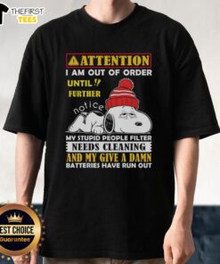 Alt Text: Funny Snoopy 'Out of Order' T-Shirt with 'My Stupid People Filter Needs Cleaning' slogan for humorous apparel.