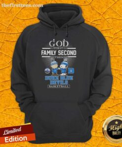 Top Snoopy fist bump with Charlie Brown on a hoodie, featuring 'God First, Family Second, Then Duke Blue Devils Basketball.'