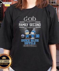 Top Snoopy fist bump with Charlie Brown, 'God First, Family Second' design for Duke Blue Devils basketball ladies tee.