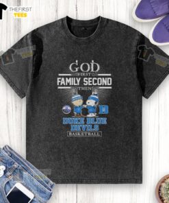 Top Snoopy fist bump with Charlie Brown design on 'God First, Family Second' Duke Blue Devils basketball washed t-shirt.