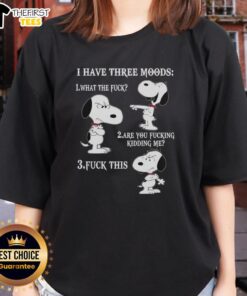 Alt Text: Womens tee featuring Snoopy with 'I have three moods' text, perfect for fans of playful graphic tees.