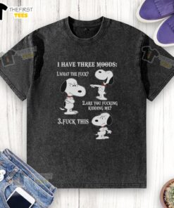 Alt Text: Snoopy graphic on a washed t-shirt displaying three moods: confusion, frustration, and sarcasm. Fun casual wear.