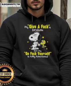 Alt Text: Top Snoopy hoodie featuring 'My Give A F*ck Is Broken' graphic, perfect for casual and humorous style.