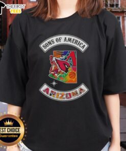Alt Text: Top Son of America Arizona map with sports logos on a ladies tee, showcasing vibrant designs and local pride.