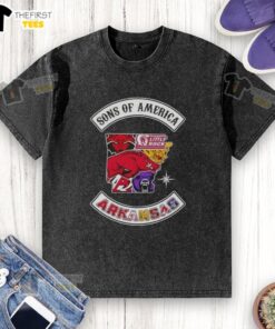 Alt Text: Top Son of America Arkansas Map Sports Logos Combine Washed T-Shirt featuring state map and vibrant sports team logos.