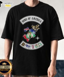 Top Son Of America Boston Map Sports Logos Combine T-Shirt featuring iconic Boston sports team logos on a map design.