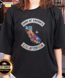California map featuring top sports logos for ladies' tee, showcasing pride in American sports culture.