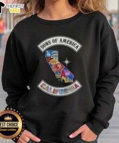 Top Son of America California map sports logos combine sweatshirt featuring vibrant California-themed designs.