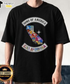 Top Son Of America California Map Sports Logos Combine T-Shirt featuring vibrant designs of California and popular sports logos.