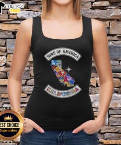 Alt Text: Top Son of America California map tank top featuring sports logos, perfect for fans and summer wear.