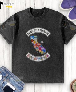 Alt Text: California map sports logos printed on Top Son of America washed t-shirt, perfect for sports fans and casual wear.