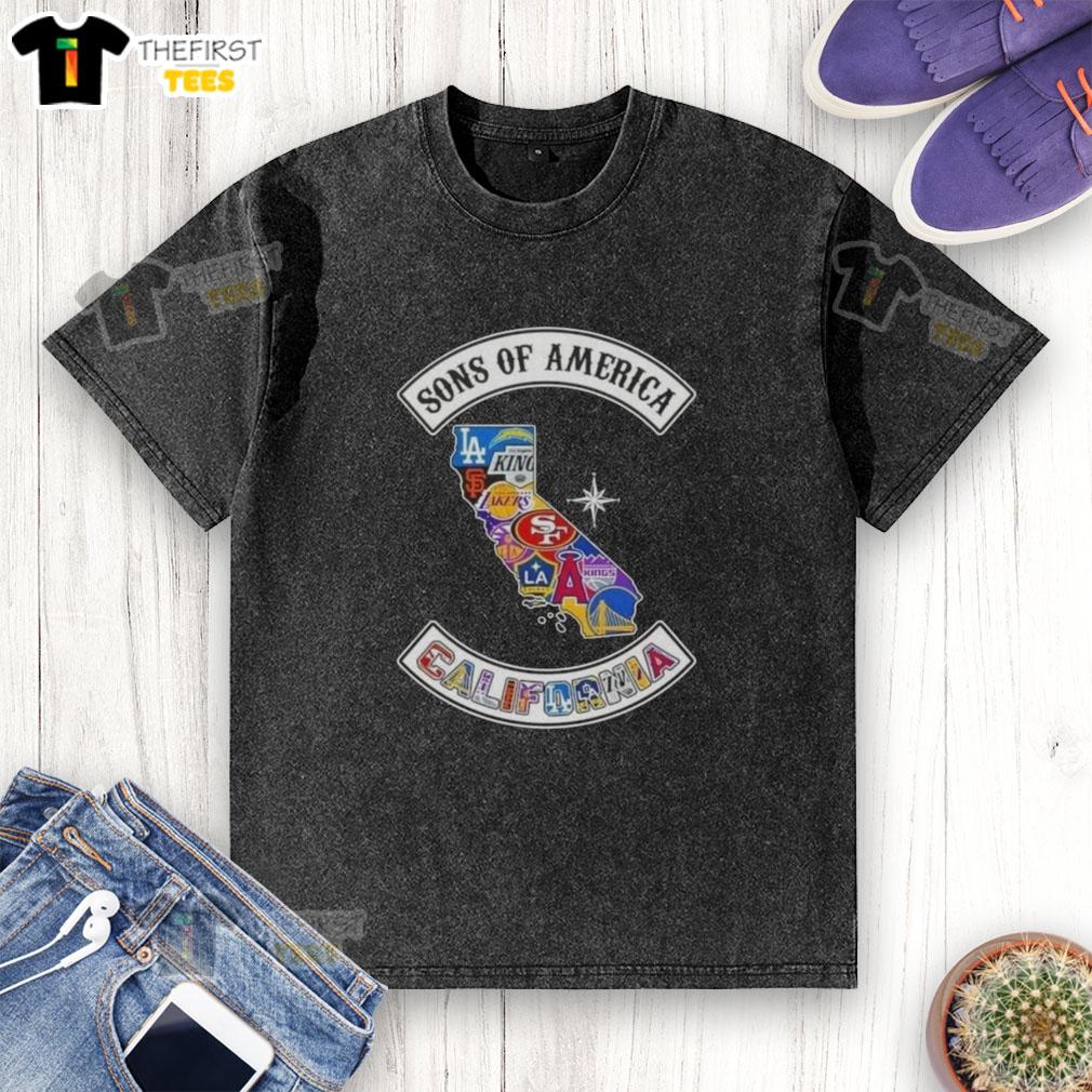 top-son-of-america-california-map-sports-logos-combine-washed-t-shirt Alt Text: California map sports logos printed on Top Son of America washed t-shirt, perfect for sports fans and casual wear.