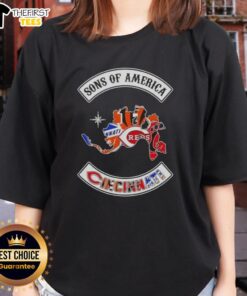 Top Son of America Cincinnati Map with Sports Logos on Ladies Tee, showcasing vibrant design and local pride.