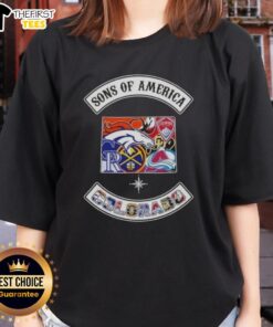 Alt Text: Top Son of America Colorado map sports logos combined on a stylish ladies tee shirt design.