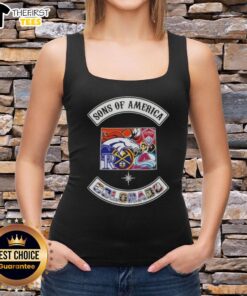 Alt Text: Colorado map tank top featuring sports logos, perfect for fans showcasing their love for the Top Son of America.