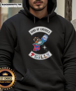 Alt Text: Top Son of America Philadelphia Map Sports Logos Combine Hoodie featuring iconic Philly sports team logos.