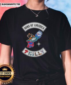 Alt Text: Top Son of America Philadelphia map featuring sports logos on a ladies tee shirt, perfect for fans and collectors.