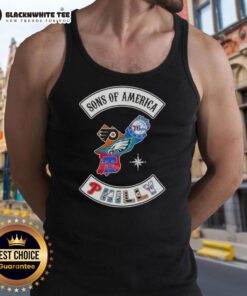 Top Son of America Philadelphia map sports logos combine tank top design featuring iconic local team emblems.