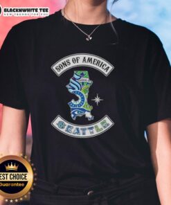Alt Text: Top Son of America Seattle Map with Sports Logos on a Ladies Tee, showcasing local pride and team spirit.