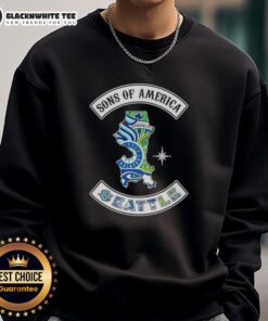 Top Son of America Seattle Map Sports Logos Combine Sweatshirt featuring vibrant sports team graphics and city map design.