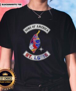 Alt Text: Top Son of America St. Louis map featuring sports logos on a stylish ladies tee design.
