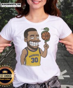 Cartoon graphic of a snake dribbling a basketball on a ladies tee featuring Steph Curry design.