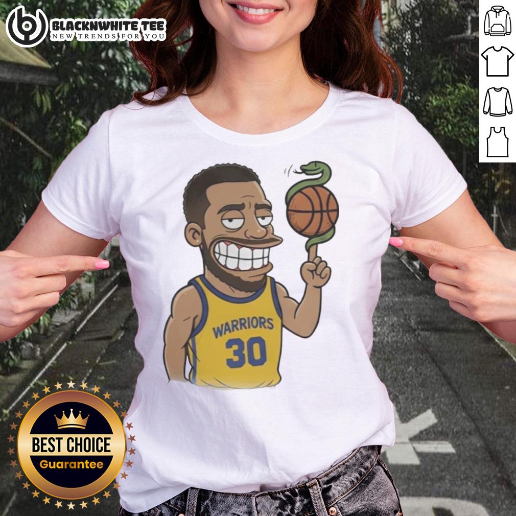 Top Steph Curry Snake Ball Cartoon Ladies Tee Cartoon graphic of a snake dribbling a basketball on a ladies tee featuring Steph Curry design.