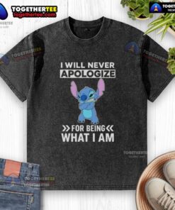 Alt Text: Top Stitch 'I Will Never Apologize For Being What I Am' washed t-shirt in a casual setting, showcasing unique design.