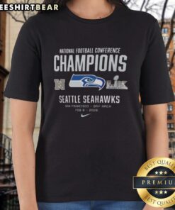 Alt Text: Seattle Seahawks NFC Champions ladies tee for Super Bowl LX 2026, featuring team colors and logo design.