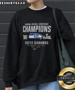 Alt Text: Seattle Seahawks NFC Champions sweatshirt for Super Bowl LX 2026, featuring team colors and logo design.