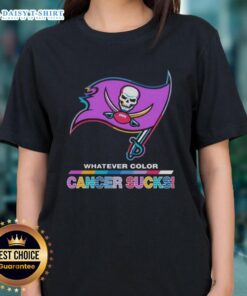 Top Tampa Bay Buccaneers Football ladies tee featuring colorful cancer awareness logo design.