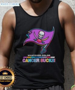 Top Tampa Bay Buccaneers football tank top featuring colorful cancer awareness logo design.