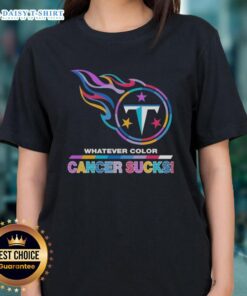 Alt Text: Top Tennessee Titans football ladies tee featuring colorful 'Cancer Sucks' logo design for awareness.