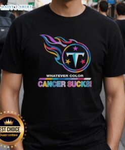 Top Tennessee Titans Football T-Shirt featuring 'Cancer Sucks' logo in vibrant colors, perfect for fans and awareness support.