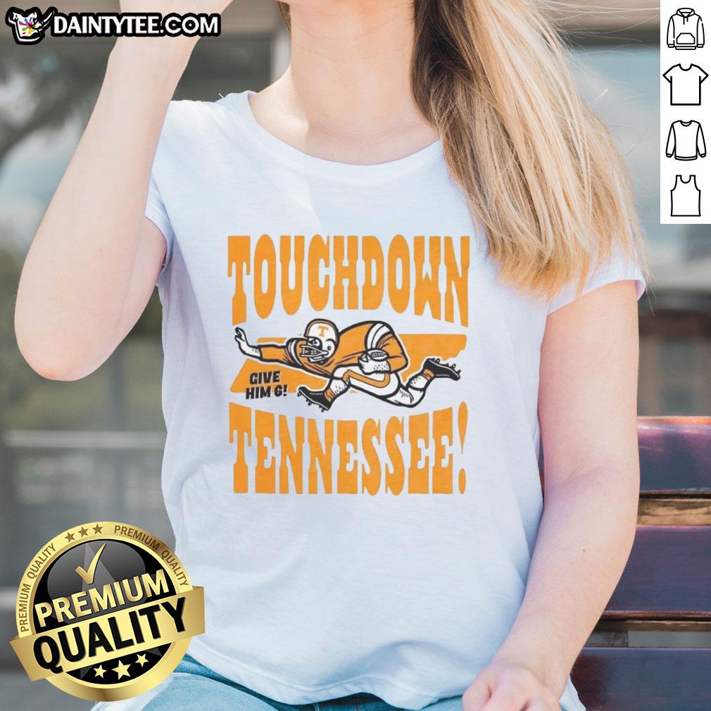 top-tennessee-volunteers-football-touchdown-tennessee-give-him-six-vintage-ladies-tee Vintage ladies tee featuring 'Give Him Six' slogan for Top Tennessee Volunteers Football touchdown celebration.