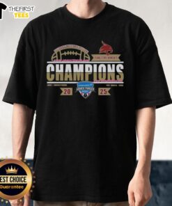Top Texas State Bobcats 2026 Armed Forces Bowl Champions t-shirt displayed in locker room setting, celebrating victory.