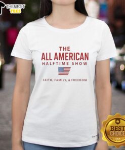 Alt Text: All-American Halftime Show Tee featuring 'Faith, Family, and Freedom' design for ladies.